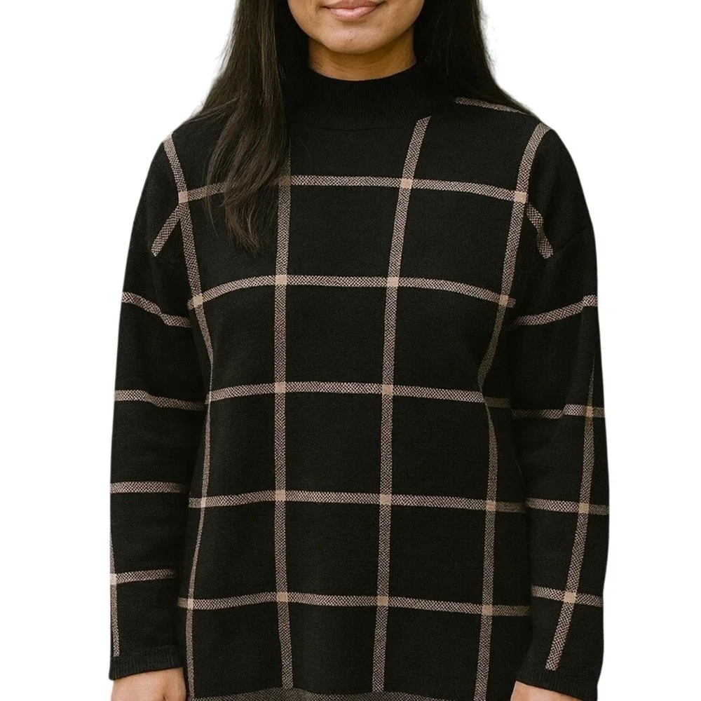 Ann Taylor Black & Tan Plaid XL Mock Neck Cotton Blend Long Sleeve Tunic Sweater